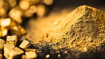 Closeup shot of shimmering golden powder piled high on a sleek black surface, reflecting light and radiating luxury.