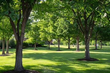 Sunset in the park with green grass, trees and sunbeams