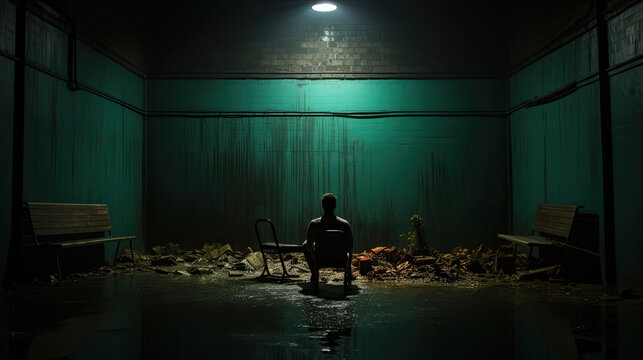 A person sits on a chair in a spooky, dark room