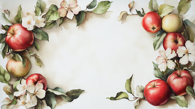 Watercolor illustration depicting of a painting of a sheet of vintage white paper with a frame made of apples and apple blossom and greenery and empty space for notes, on a white background