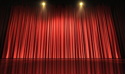 Red velvet stage curtain with spotlights illuminating the empty stage.