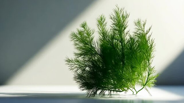 A sprig of dill sits on a white surface, illuminated by a single ray of sunlight
