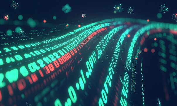 Abstract digital data stream with binary code and glowing particles in blue background.