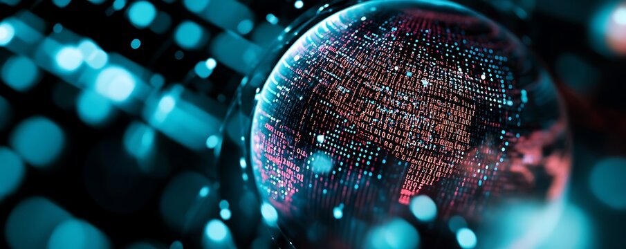 The concept of AI and machine learning visually represented through a mesmerizing wave pattern of binary code within a spherical grid.