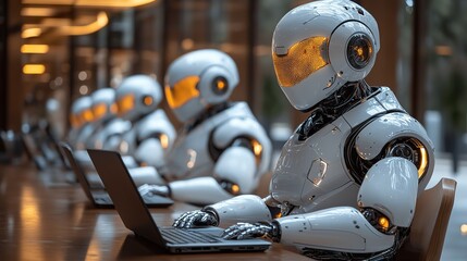 An AI-generated image of robots working at a table with laptops, demonstrating the use of artificial intelligence in a modern office setting.