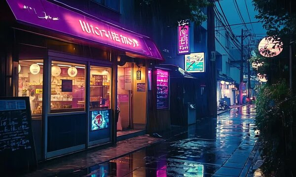 Anime-style illustration of an urban street on a rainy night