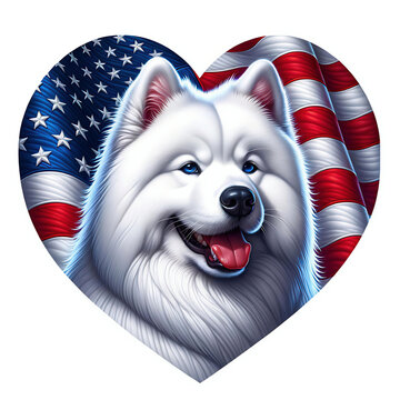 recommend clip art: Patriotic samoyed dog american flag heart portrait illustration