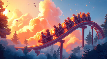 Cryptocurrency Rollercoaster Cartoon characters riding a rollercoaster with Bitcoin, Ethereum, and other crypto coins as the carts, representing the ups and downs of the market. Co