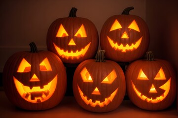 ハロウィンお祝い：ジャック・オー・ランタン（Jack-o'-Lantern）暗闇にたくさん並ぶ