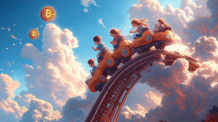 Cryptocurrency Rollercoaster Cartoon characters riding a rollercoaster with Bitcoin, Ethereum, and other crypto coins as the carts, representing the ups and downs of the market. Co