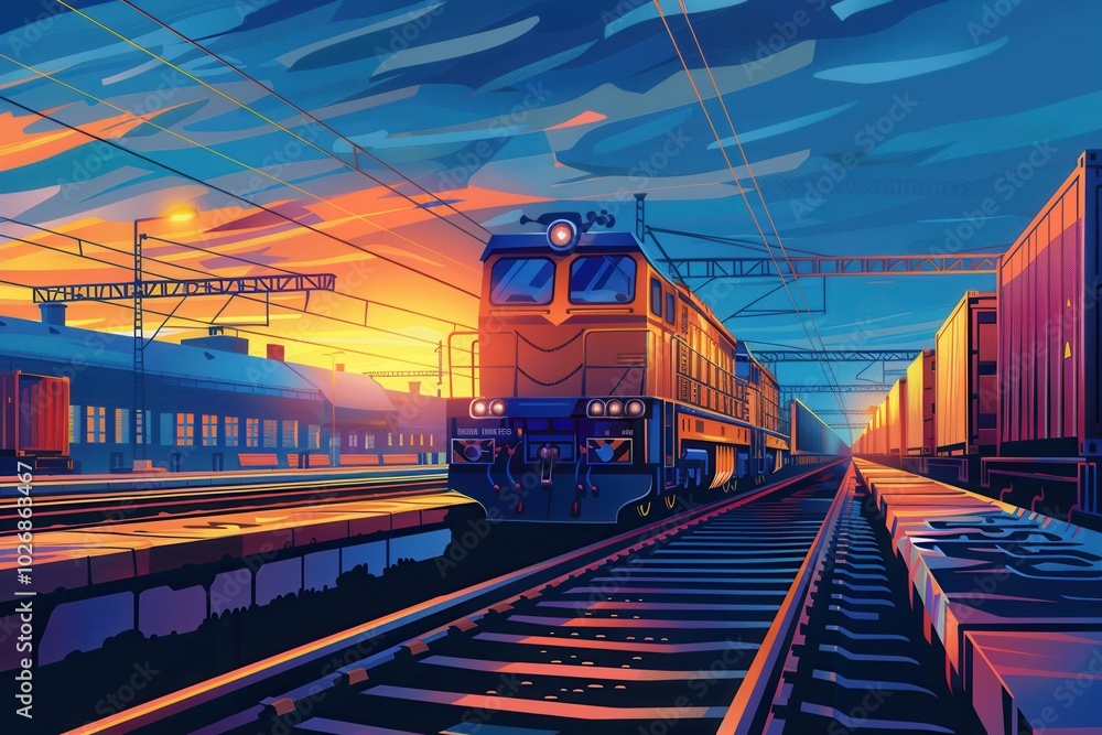 Poster a freight train is being loaded with colorful containers as the sun sets, illuminating the railway s