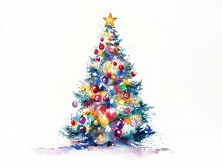 Watercolor illustration of a decorated Christmas tree with colorful ornaments and a gold star on top against a white background. festive, holiday, art, celebration.