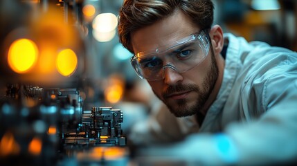 An engineer working alongside a robotic machine in an automated factory setting.