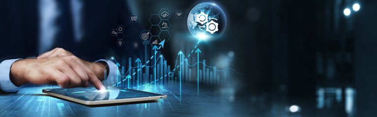 Automation: Businessman using tablet and analysis technical growth by streamlining processes, data analysis, efficiency improvements, workflow optimization, task automation, real-time monitoring.
