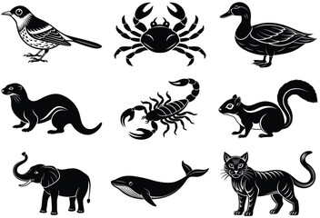 9 difference animals duck,Crab,Scorpion, and etc vector art