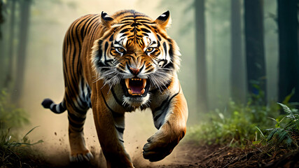 Fototapeta premium Furious tiger roaring and sprinting aggressively charges through the jungle, action shot, wildlife, conservation, and the natural world.