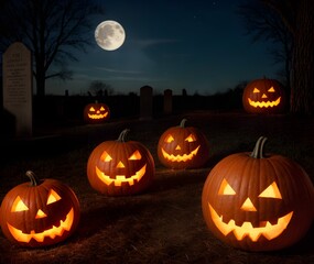 ハロウィンお祝い：ジャック・オー・ランタン（Jack-o'-Lantern）月夜の墓地に佇む