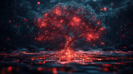 An illustration of a digital tree set against a technology background, representing data flow.