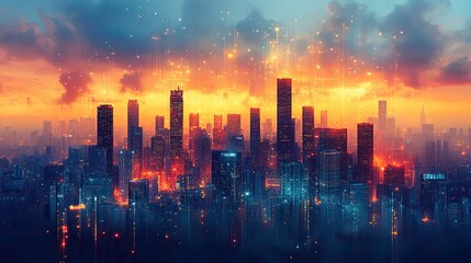 An illustration of a smart city integrating community networking, cloud technology, and internet communication in a digital cityscape.