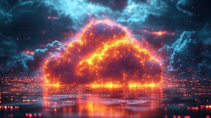 An illustration of neon cloud computing, blending vibrant colors with digital technology to represent data storage and processing in a futuristic style.