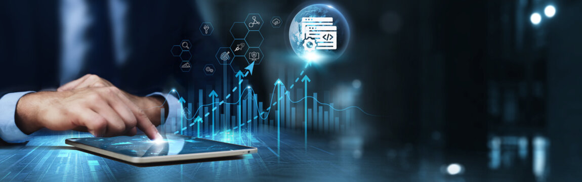 Web Development: Businessman using tablet and analysis technical growth by web development, UI/UX design, coding, responsive design, SEO optimization, performance, scalability.