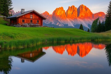 Fototapeta premium A wooden cabin sits on a grassy hill overlooking a still lake reflecting the golden light of the setting sun behind the towering mountain peaks.