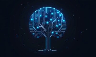 A glowing blue tree with a circuit board design, symbolizing technology and growth.