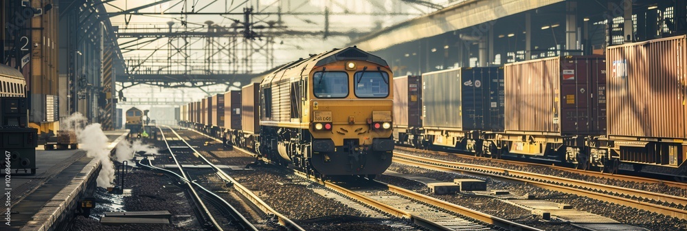 Poster a freight train is being loaded with containers at a busy railway station, showcasing efficient logi
