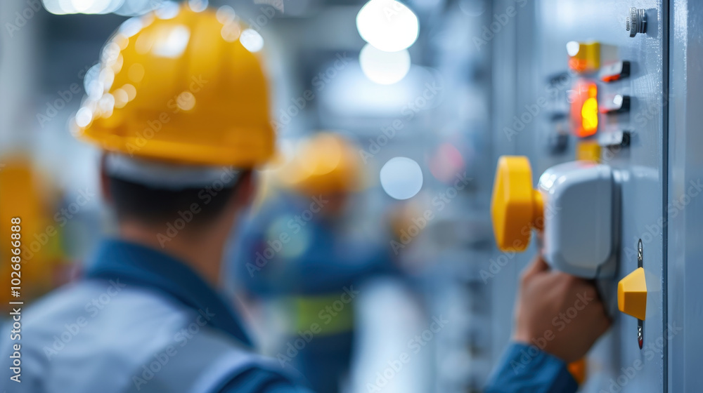 Aufkleber worker in safety helmet operates machinery at construction site, ensuring safety protocols are follo