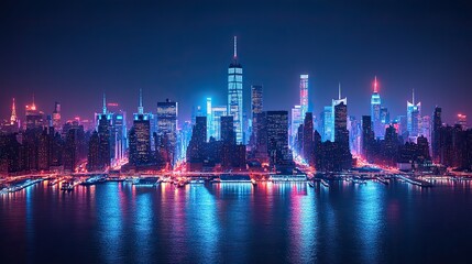 Obraz premium Cityscape with IoT and glowing technology icons, depicting the modern connectivity of New York’s business landscape.