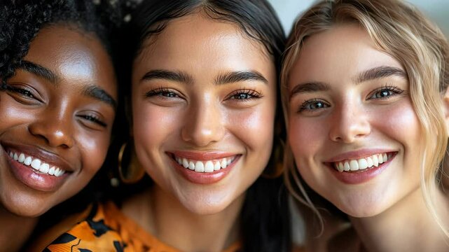 Three women smile brightly while standing close together