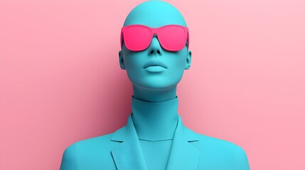 Bold fashion statement with vibrant blue mannequin in sunglasses