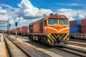 Fototapeta premium A freight train arrives at a railway station to load containers, showcasing efficient logistics operations in daytime conditions. Generative AI