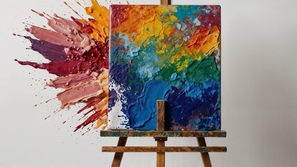 Palette of colors brush and a painting stand with painting of abstract art on it isolated on white background
