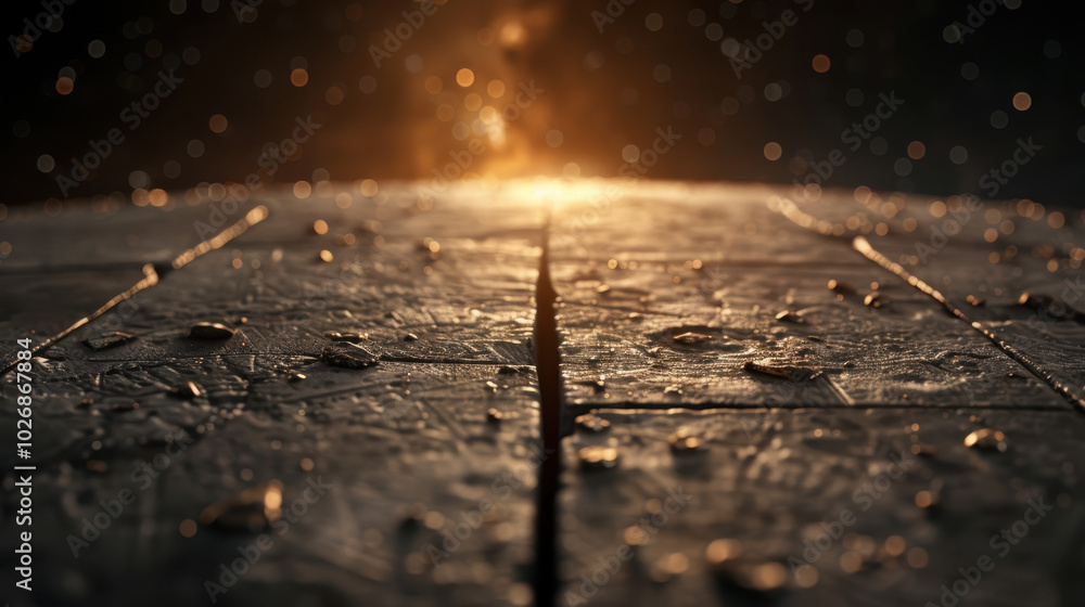 Poster detailed close up of textured surface with droplets, illuminated by warm light in background, creati