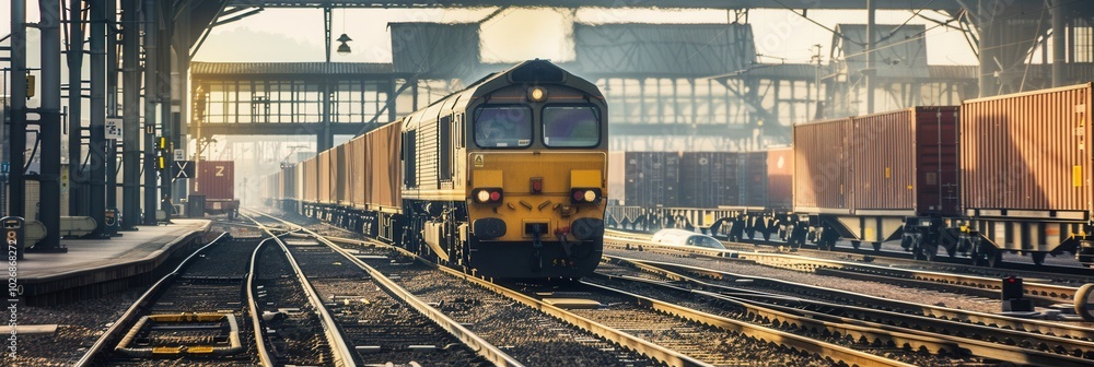 Poster a freight train is being loaded with containers at a busy railway station in broad daylight, emphasi
