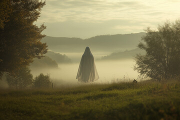 A ghostly figure floating above the ground, draped in an ethereal cloak, set against a foggy landscape with trees and distant hills, creating an eerie atmosphere of mystery and suspense, Photography, 