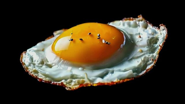 a half-cooked fried egg floating on a black background