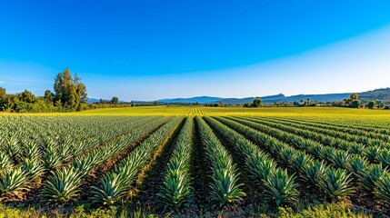 A scenic view of a pineapple plantation with neat rows of pineapple plants stretching out in a green field. The clear blue sky and vibrant tropical landscape