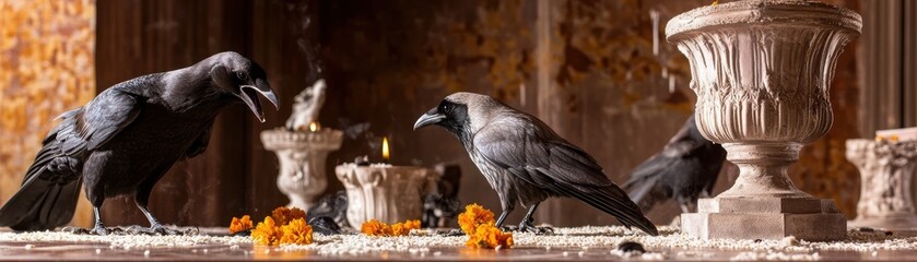 Crows Feasting on Rice Offerings in Ritual Setting
