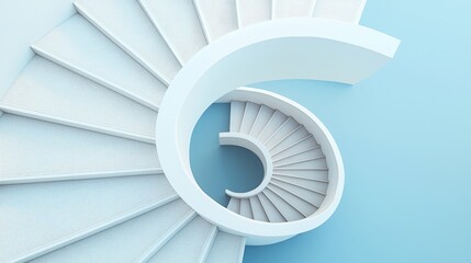 Fototapeta premium Modern spiral staircase, white design, minimalistic aesthetic, soft blue background.