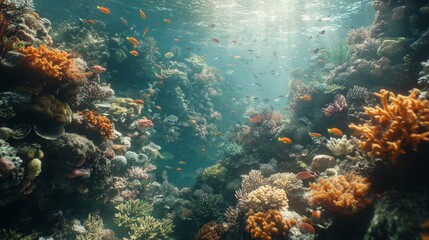 Naklejka premium Vibrant Underwater Coral Reef Teeming with Tropical Fish