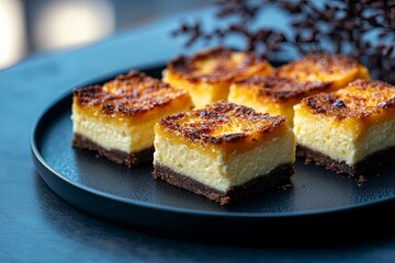 A close-up shot of five delicious, freshly baked cheesecake bars on a black plate.