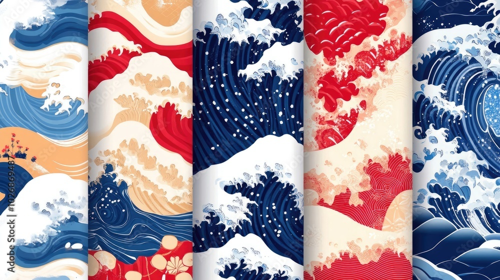 Aufkleber elegant japanese wave patterns with rich colors and dynamic designs generative ai