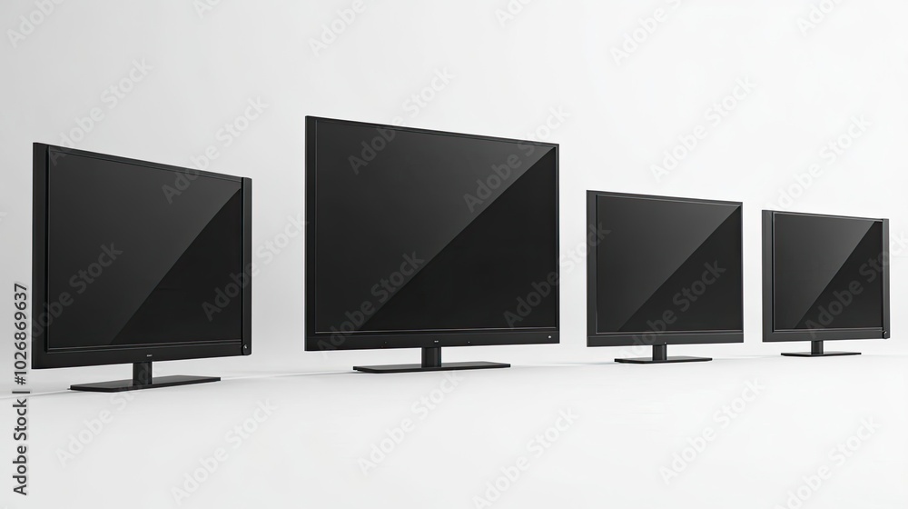 Poster modern black televisions displayed in a row on white background generative ai