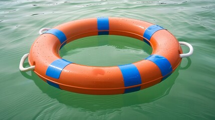 An orange and blue life preserver floats in still water.