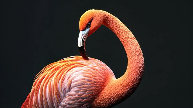 A pink flamingo preens its feathers against a dark background