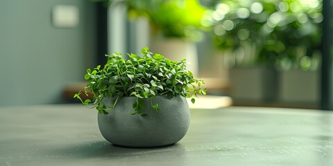 A small green plant in a gray pot sits on a table with a blurred background of other plants.