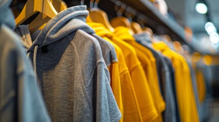 Obraz premium Hoodies of different colors and styles on clothes rack hangers in a modern clothing store or outdoor market, close-up