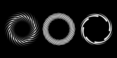 Set of white abstract stripes in vortex form. Geometric art. Trendy design element for frame, logo, tattoo, sign, symbol, web, social media, prints, posters, template, pattern and abstract background